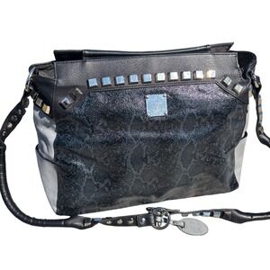 Miche Luxe Shoulder Bag Black Snakeskin‎ Textured Studded Silver Hardware Grey
